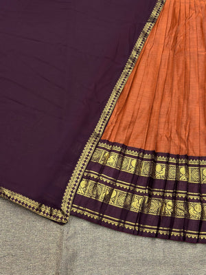 Classic South Indian half saree lehenga orange with maroon contrast
