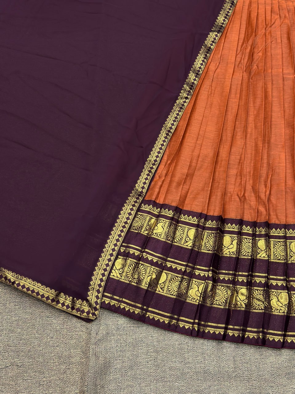 Classic South Indian half saree lehenga orange with maroon contrast
