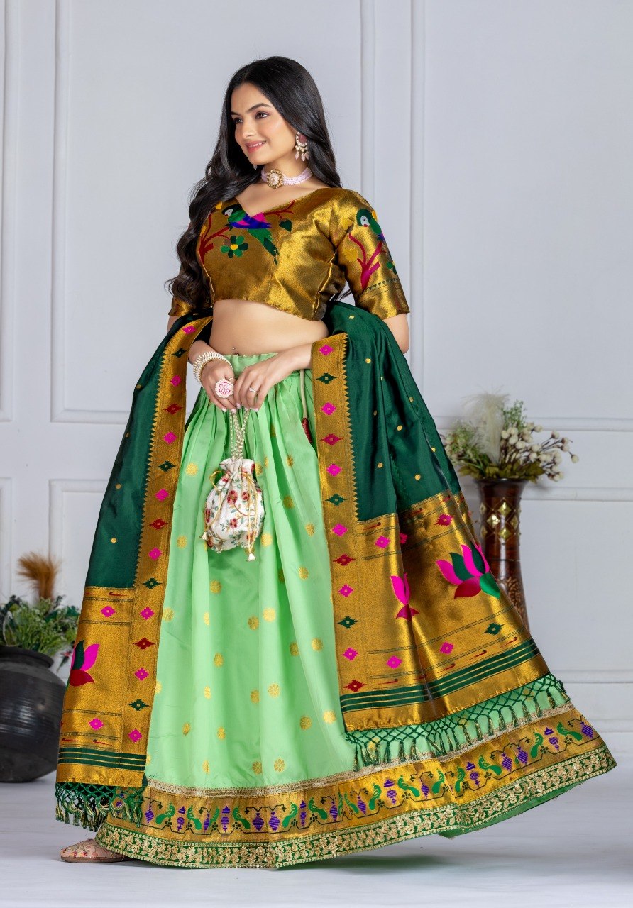 Pista Green Jacquard Lichi Silk Half Saree – Zari Weaving with Embroidery Lace Work