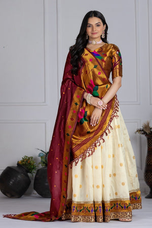 Off-White and Red Jacquard Lichi Silk Half Saree with Zari Weaving and Embroidery Lace Work by The Beauty Queen Surat