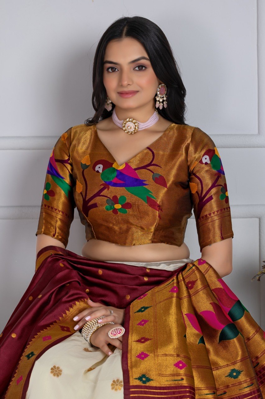 Off White Jacquard Lichi Silk Half Saree – Zari Weaving with Embroidery Lace Work