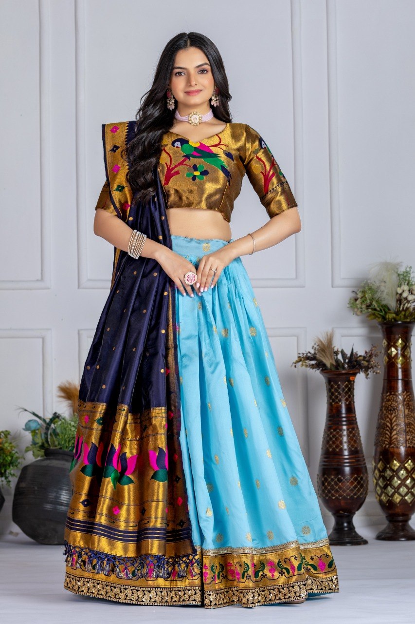 Sky Blue and Navy Blue Jacquard Lichi Silk Half Saree with Zari Weaving and Embroidery Lace Work by The Beauty Queen Surat