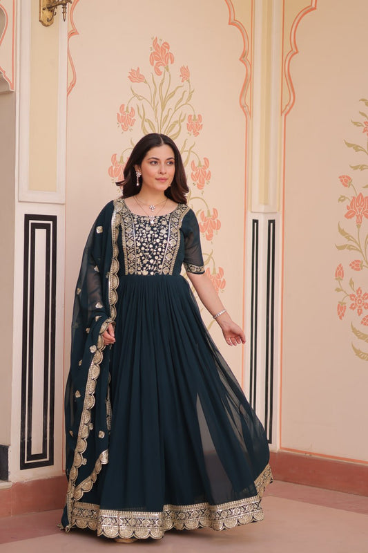 Rama Faux Blooming With Embroidery Zari Sequins Work Gown