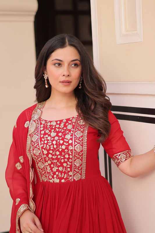 Red Faux Blooming With Embroidery Zari Sequins Work Gown