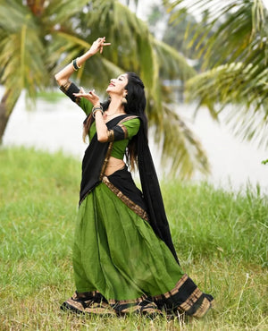 Traditional half saree with woven gold zari border olive black

