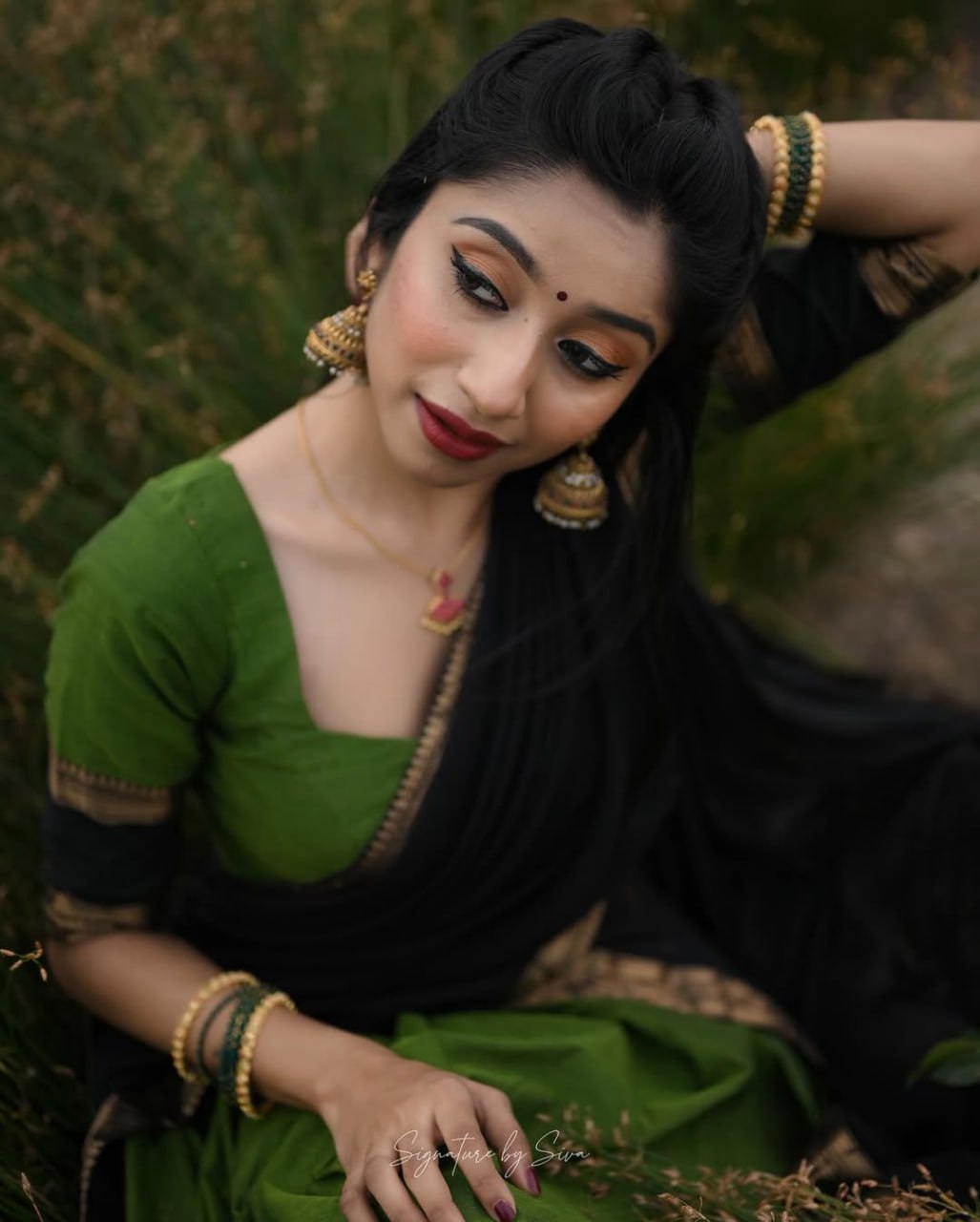 South Indian langa voni in olive green Kanchi cotton with black dupatta
