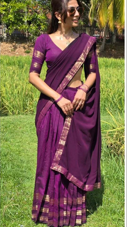 Traditional half saree with woven gold zari border purple
