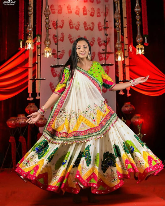 Green Muslin Cotton Real Mirror Work Navratri Lehenga Choli