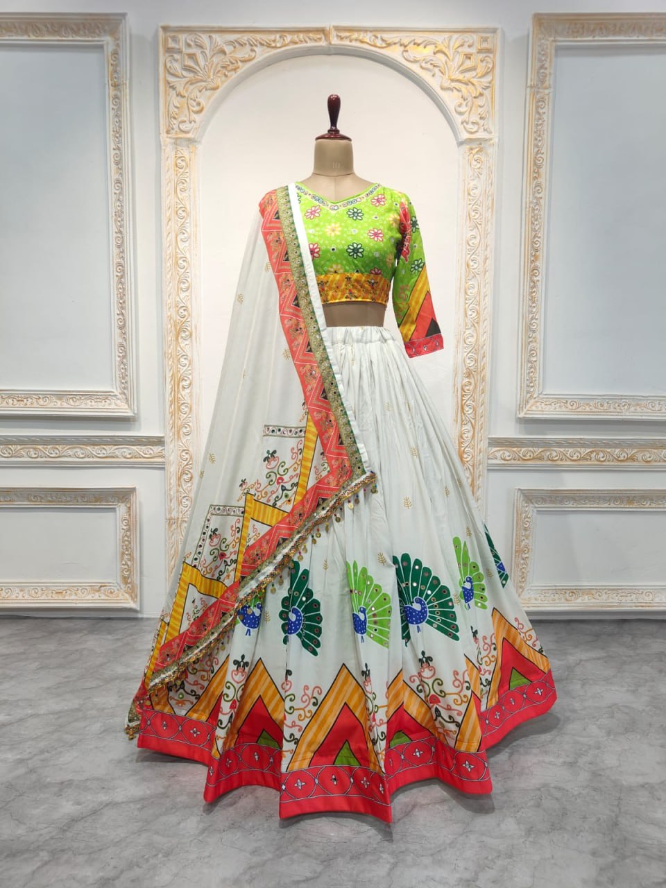 Green Muslin Cotton Real Mirror Work Navratri Lehenga Choli