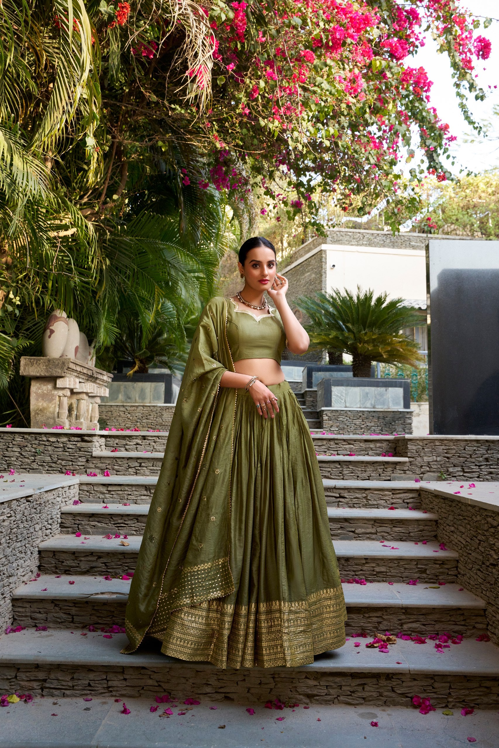 Mehandi Pure Chanderi Plain With Zari Weaving Work Border Lehenga Choli