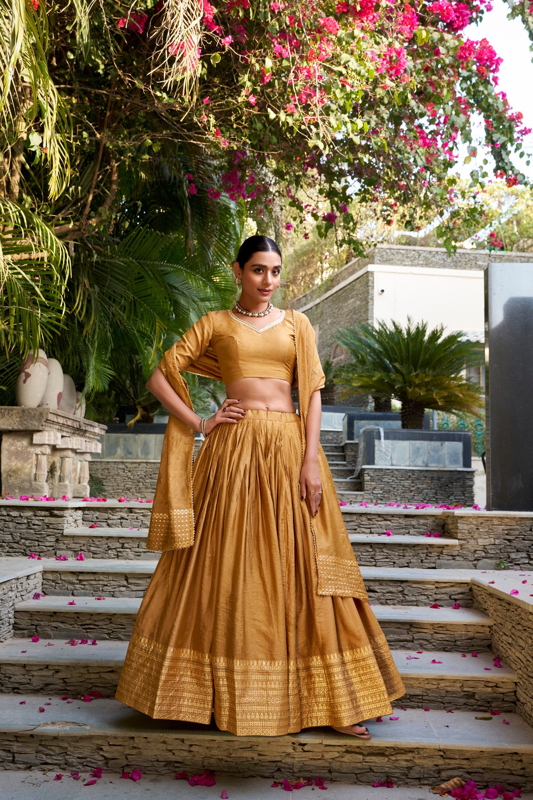 Musterd Pure Chanderi Plain With Zari Weaving Work Border Lehenga Choli