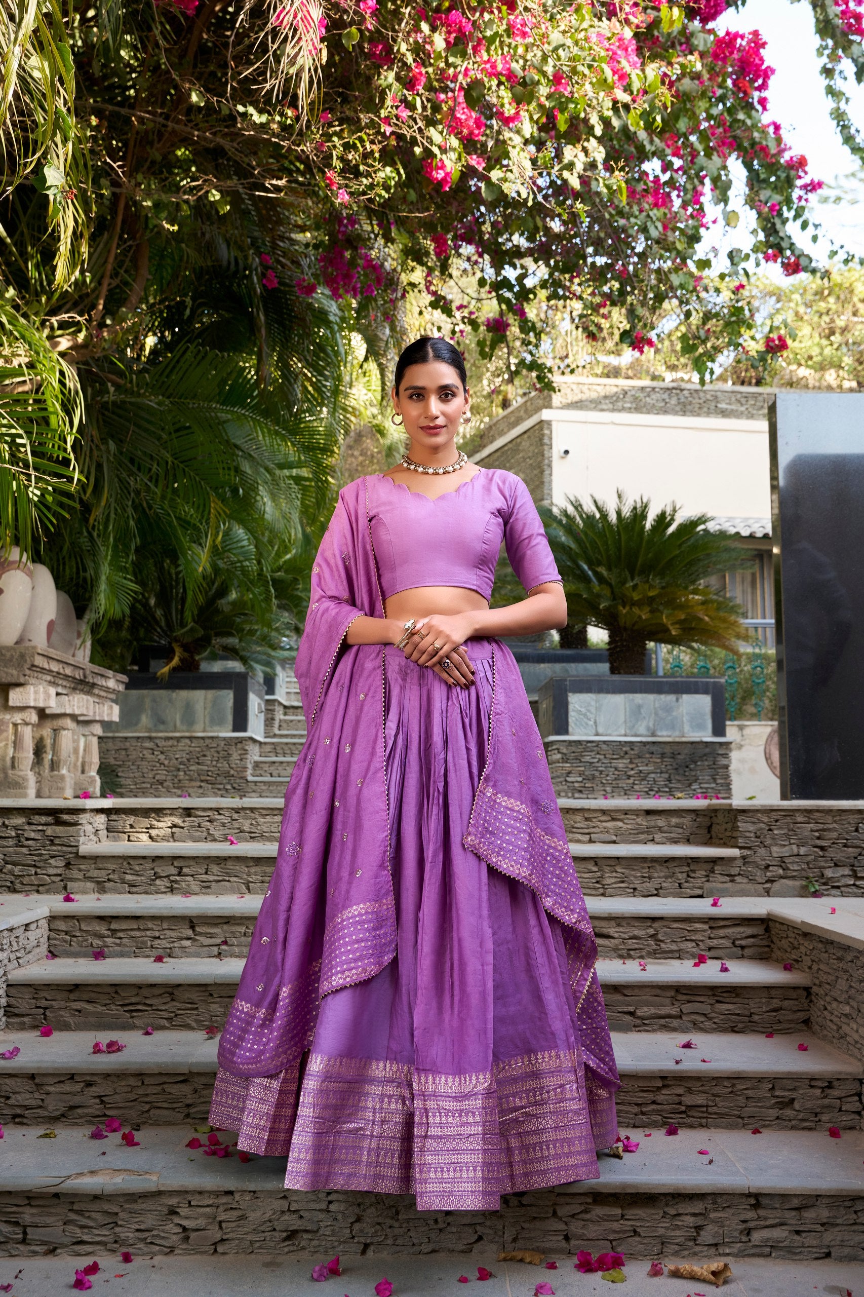 Purple Pure Chanderi Plain With Zari Weaving Work Border Lehenga Choli