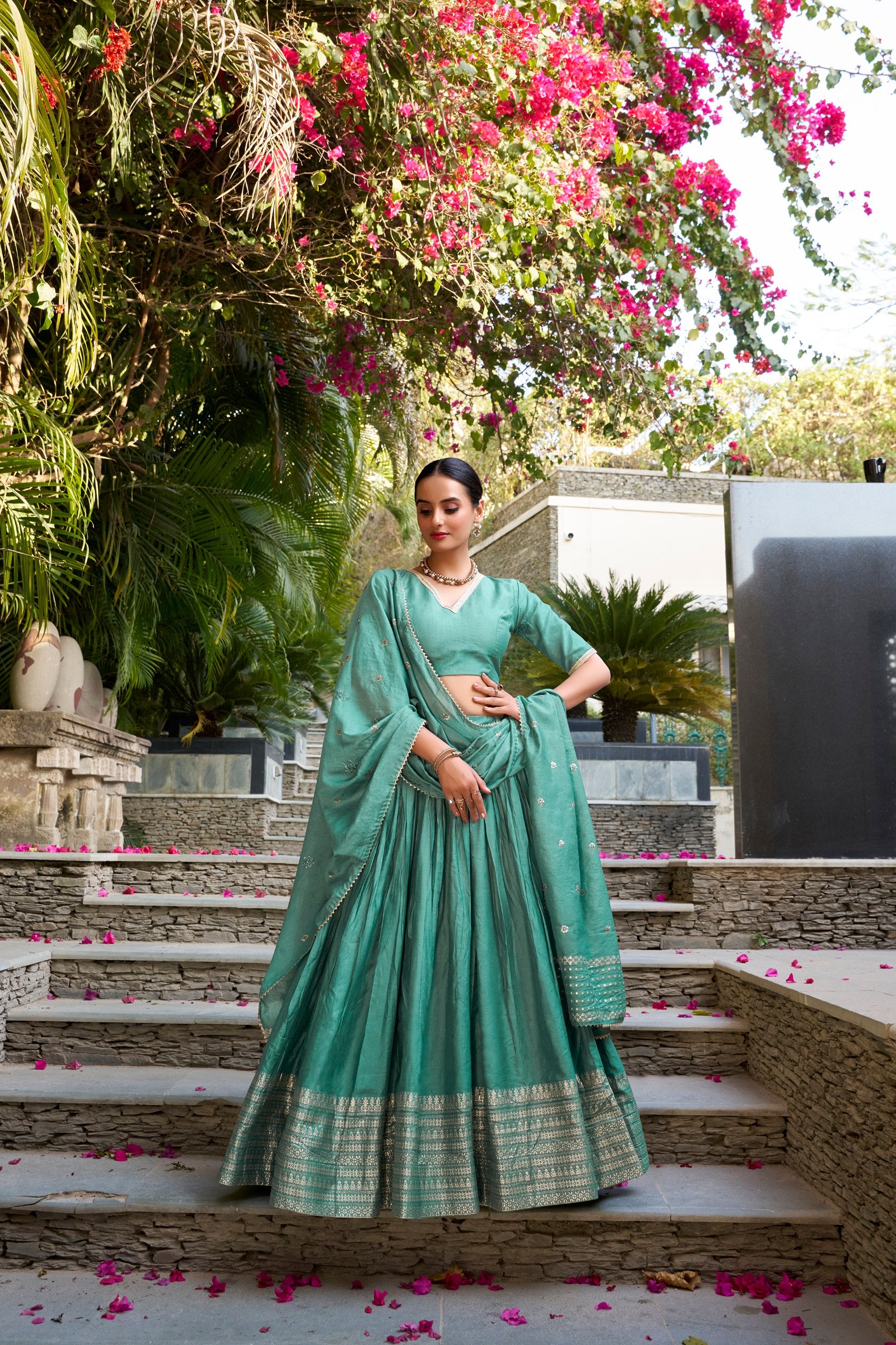 Sea Green Pure Chanderi Plain With Zari Weaving Work Border Lehenga Choli