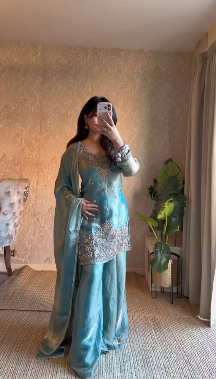 Sky Blue Fendy Silk Plazzo Set with Designer Embroidery and Shimmering Sequence Work Full Sleeves by The Beauty Queen Surat