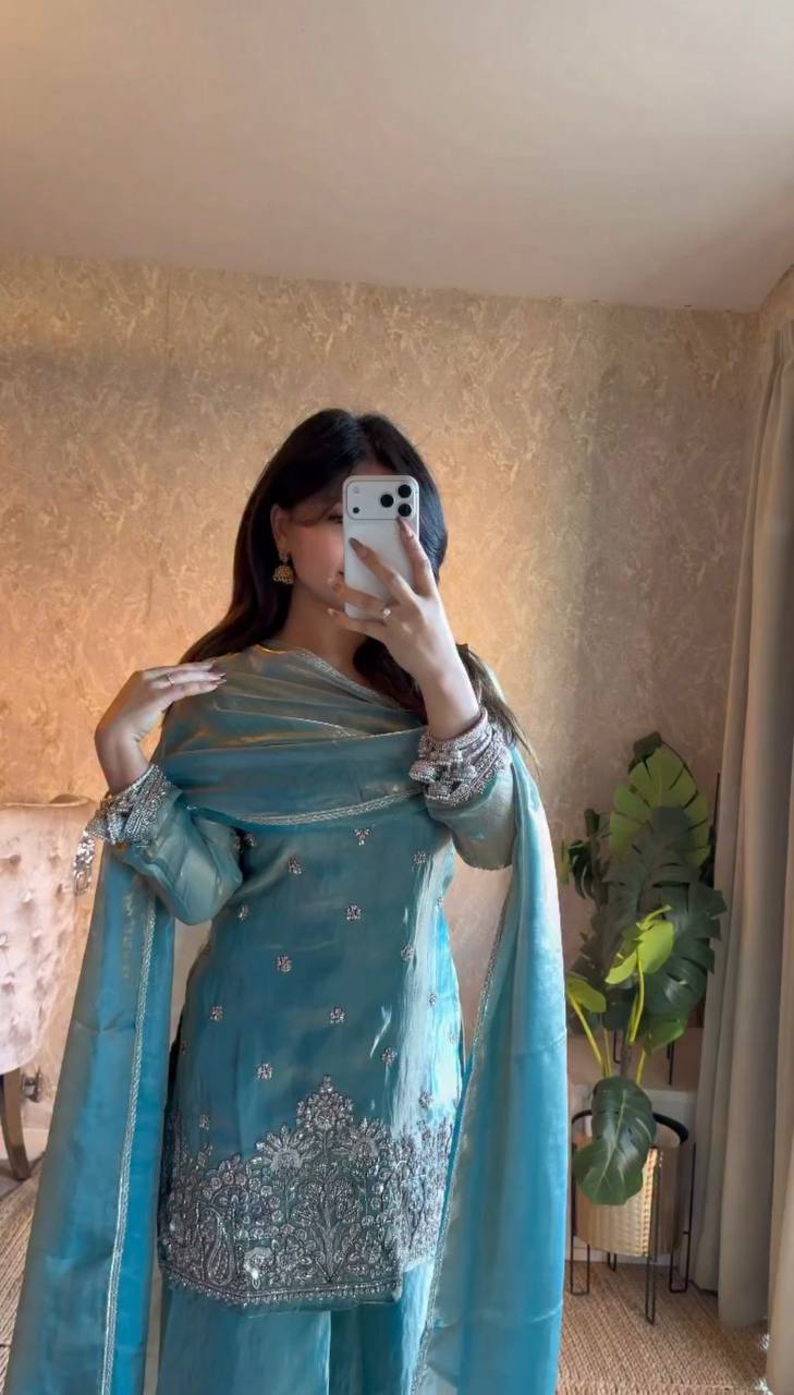 Sky Blue Fendy Silk Plazzo Set – Designer Embroidery & Shimmering Sequence Work with Full Sleeves