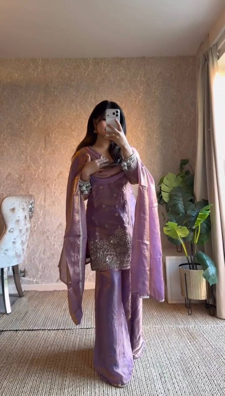 Lavender Fendy Silk Plazzo Set with Embroidery and Sequence Work Full Sleeves by The Beauty Queen Surat