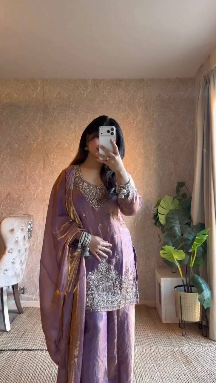 Lavender Fendy Silk Plazzo Set – Designer Embroidery & Sequence Work with Full Sleeves