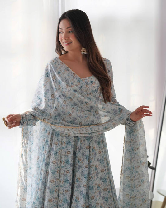 Sky Blue Heavy Orange Chiffon Floral Print Salwar Suit