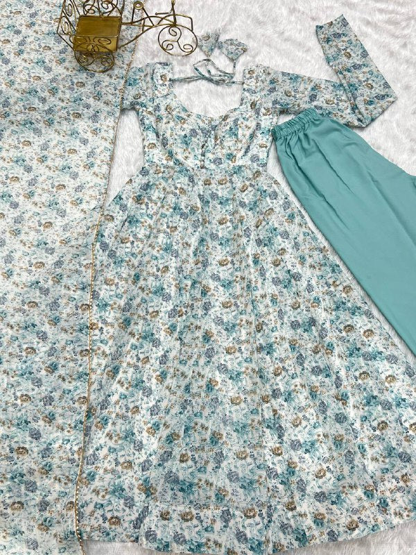 Sky Blue Heavy Orange Chiffon Floral Print Salwar Suit