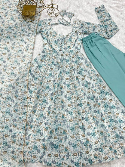 Sky Blue Heavy Orange Chiffon Floral Print Salwar Suit