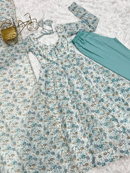 Sky Blue Heavy Orange Chiffon Floral Print Salwar Suit