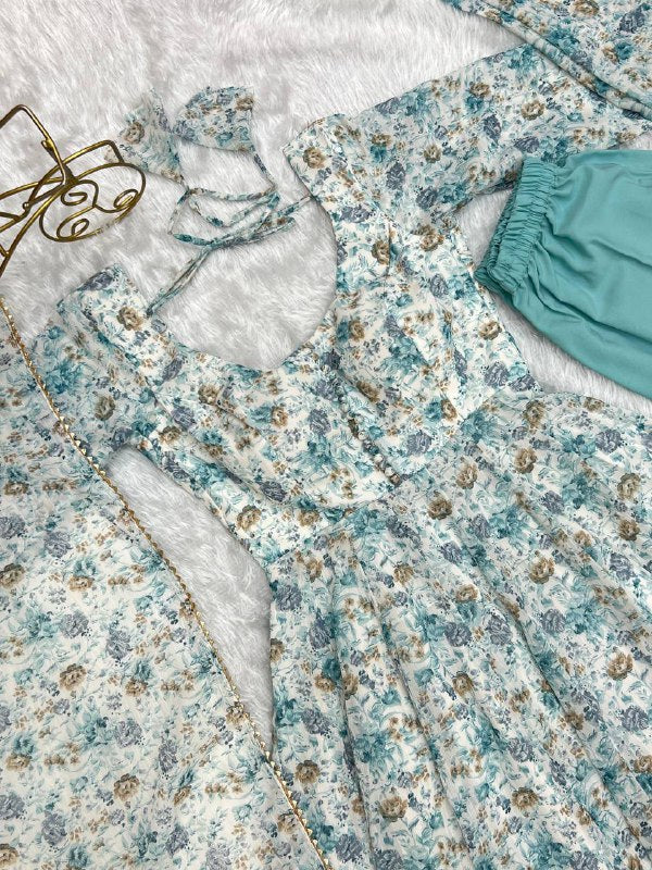 Sky Blue Heavy Orange Chiffon Floral Print Salwar Suit