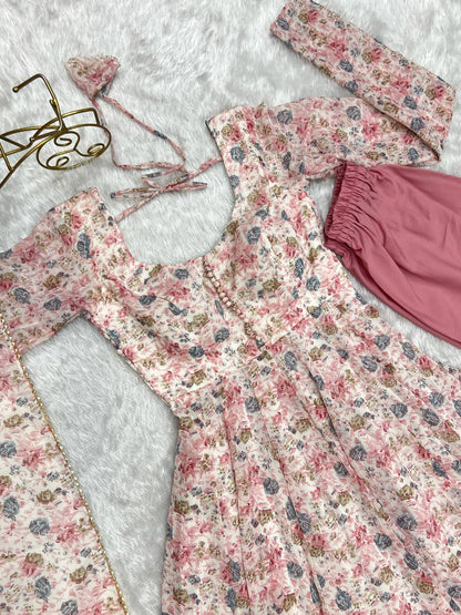 Pink Heavy Orange Chiffon Floral Print Salwar Suit