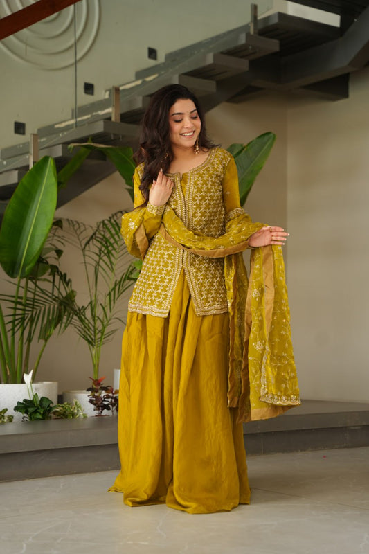 Mehandi Fendy With Rich Beads Embroidered Work Sharara