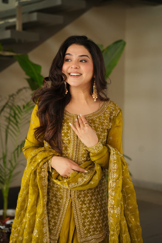 Mehandi Fendy With Rich Beads Embroidered Work Sharara