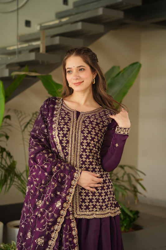Wine Fendy With Rich Beads Embroidered Work Sharara