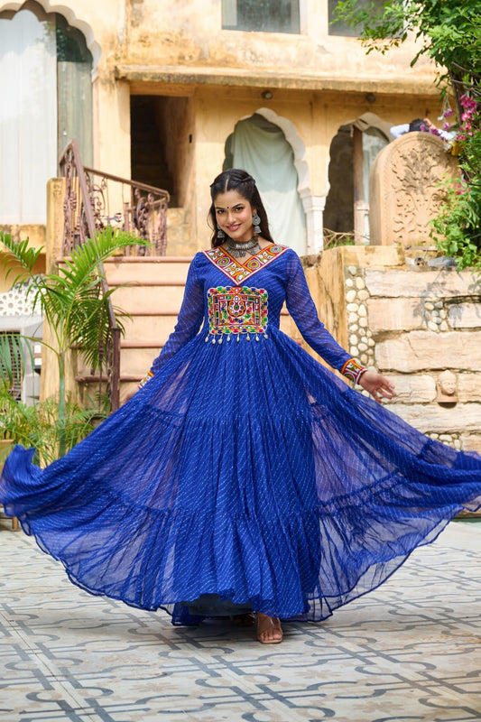 Blue Laheriya Print Work With Kutchi Patchework Navratri Gown