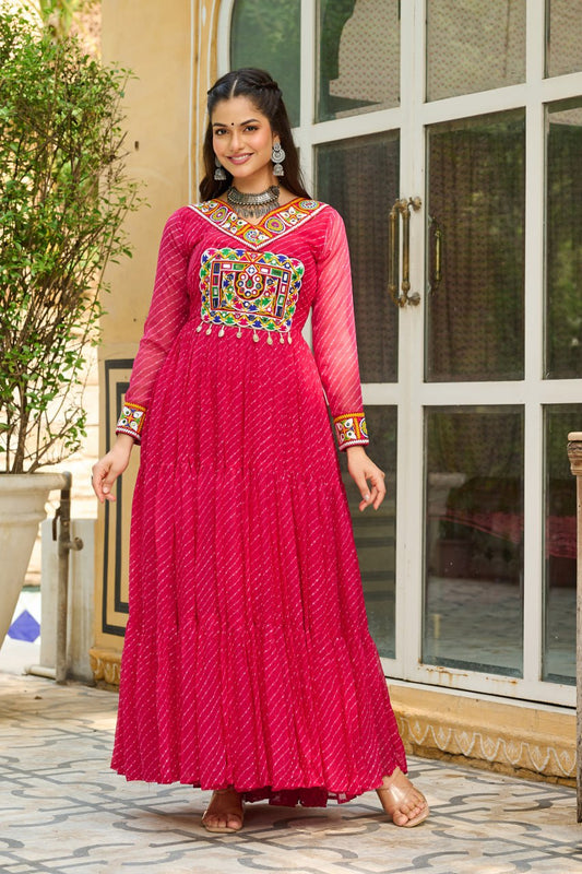 Pink Laheriya Print Work With Kutchi Patchework Navratri Gown