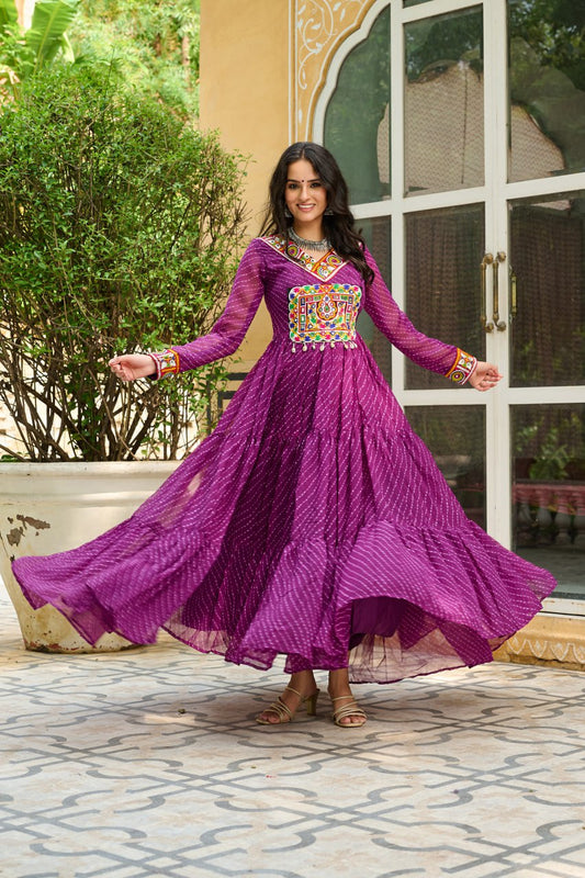 Wine Laheriya Print Work With Kutchi Patchework Navratri Gown