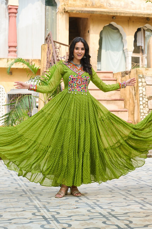 Parrot Laheriya Print Work With Kutchi Patchework Navratri Gown