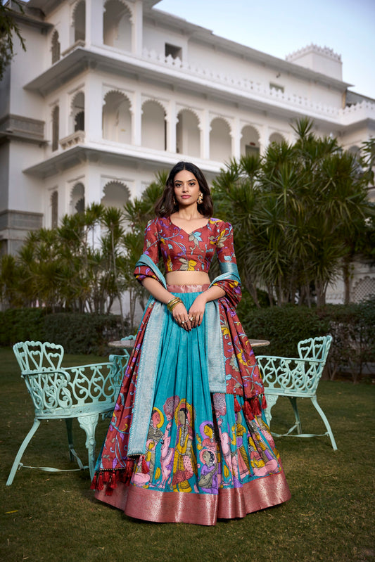 Firozi Dola Silk Printed Kalamkari With Zari Weaving Border Lehenga