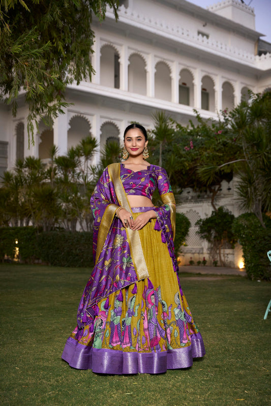 Mustard Dola Silk Printed Kalamkari With Zari Weaving Border Lehenga