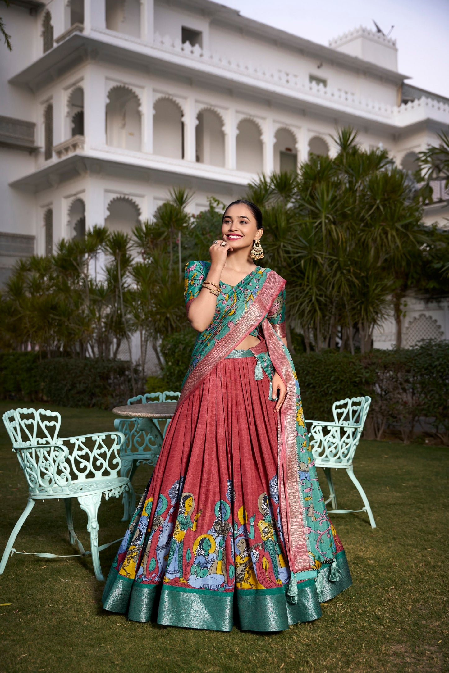 Rama Dola Silk Printed Kalamkari With Zari Weaving Border Lehenga