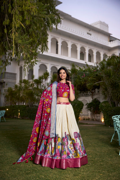 Off White Dola Silk Printed Kalamkari With Zari Weaving Border Lehenga