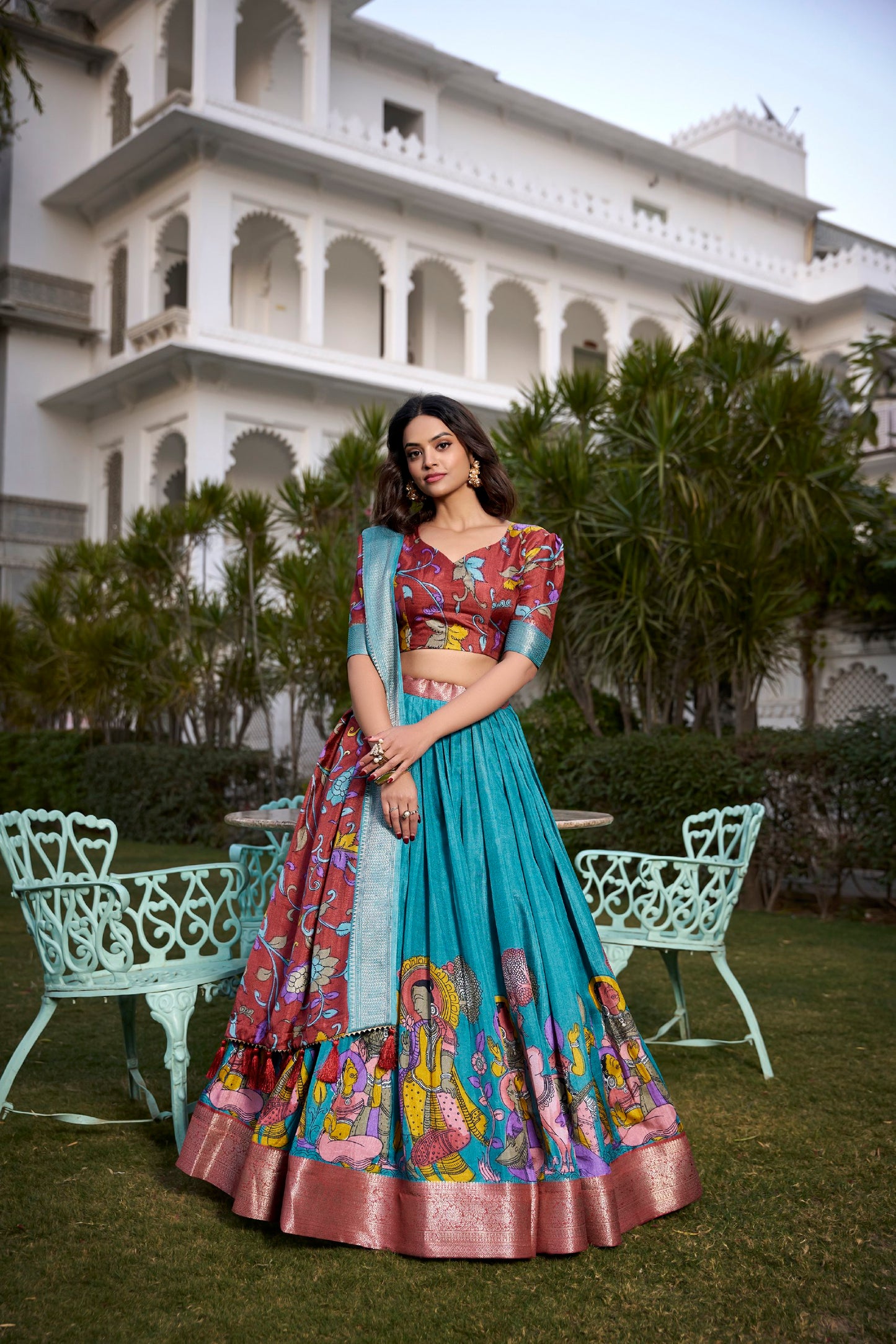 Firozi Dola Silk Printed Kalamkari With Zari Weaving Border Lehenga