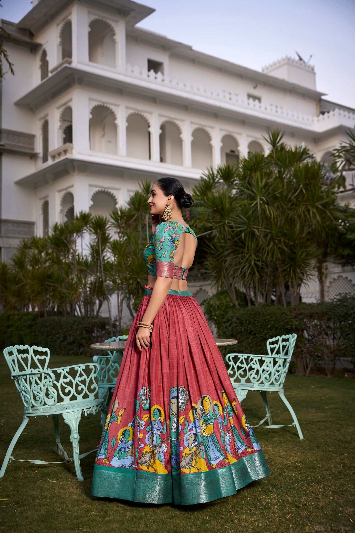 Rama Dola Silk Printed Kalamkari With Zari Weaving Border Lehenga