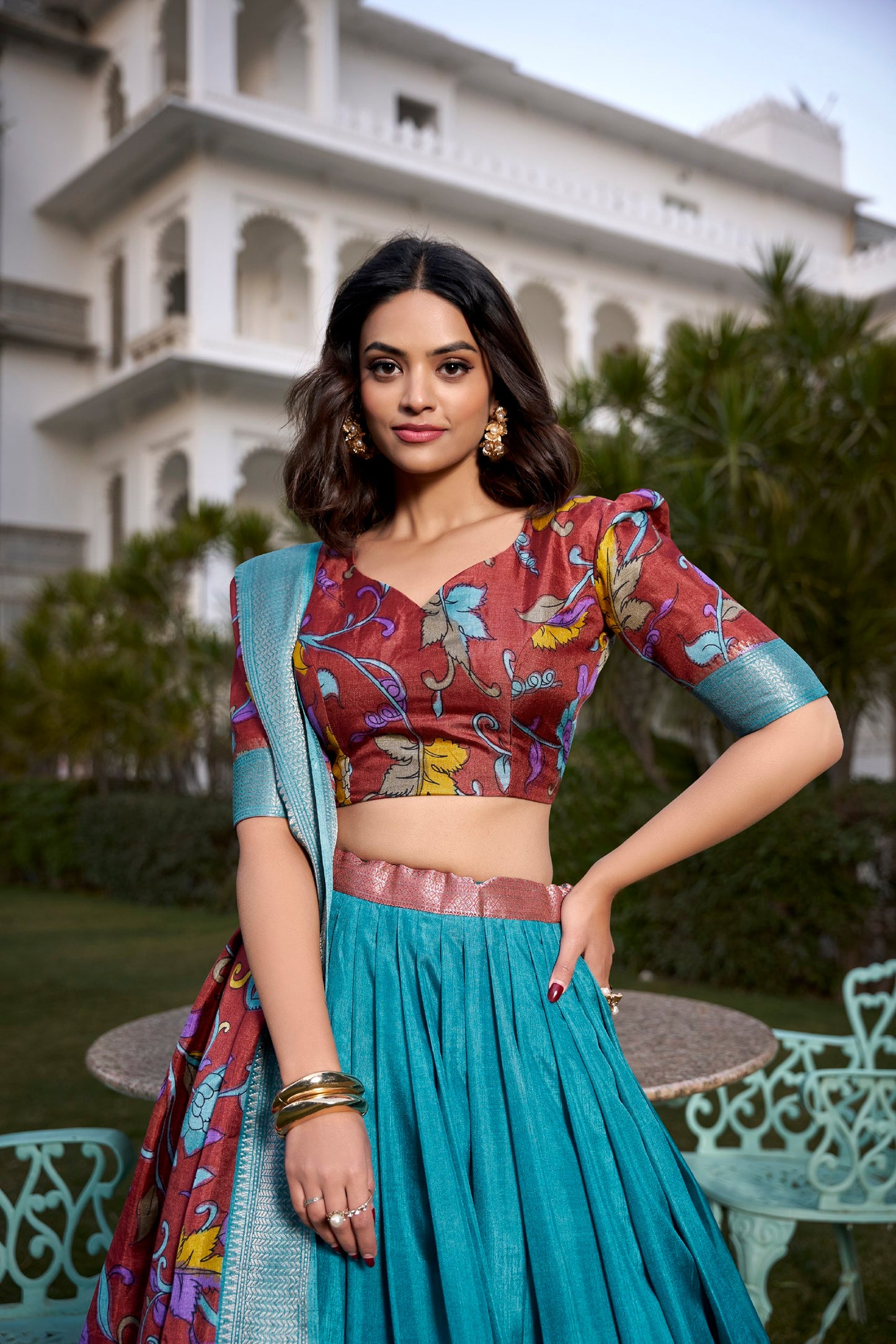 Firozi Dola Silk Printed Kalamkari With Zari Weaving Border Lehenga