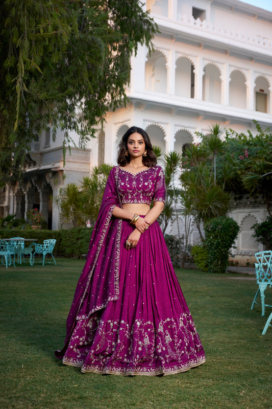 Wine Vichitra Silk Sequins And Thread Embroidery Work With Lace Border Lehenga