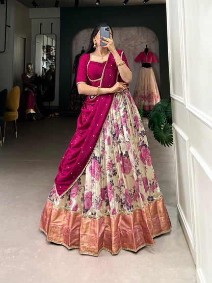 Pink Dola Silk Floral Print And Zari Weaving Work With Lace Touch Up Lehenga