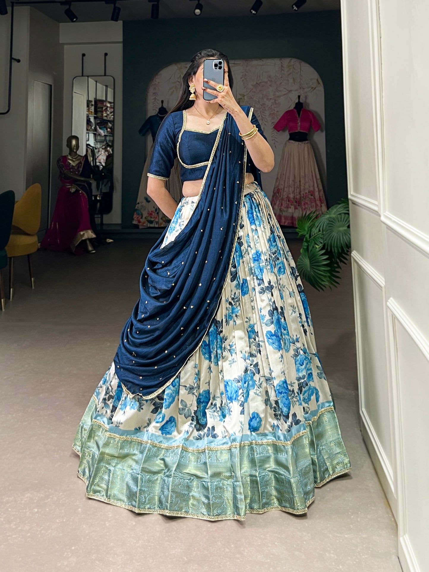 Navy Blue Dola Silk Floral Print And Zari Weaving Work With Lace Touch Up Lehenga