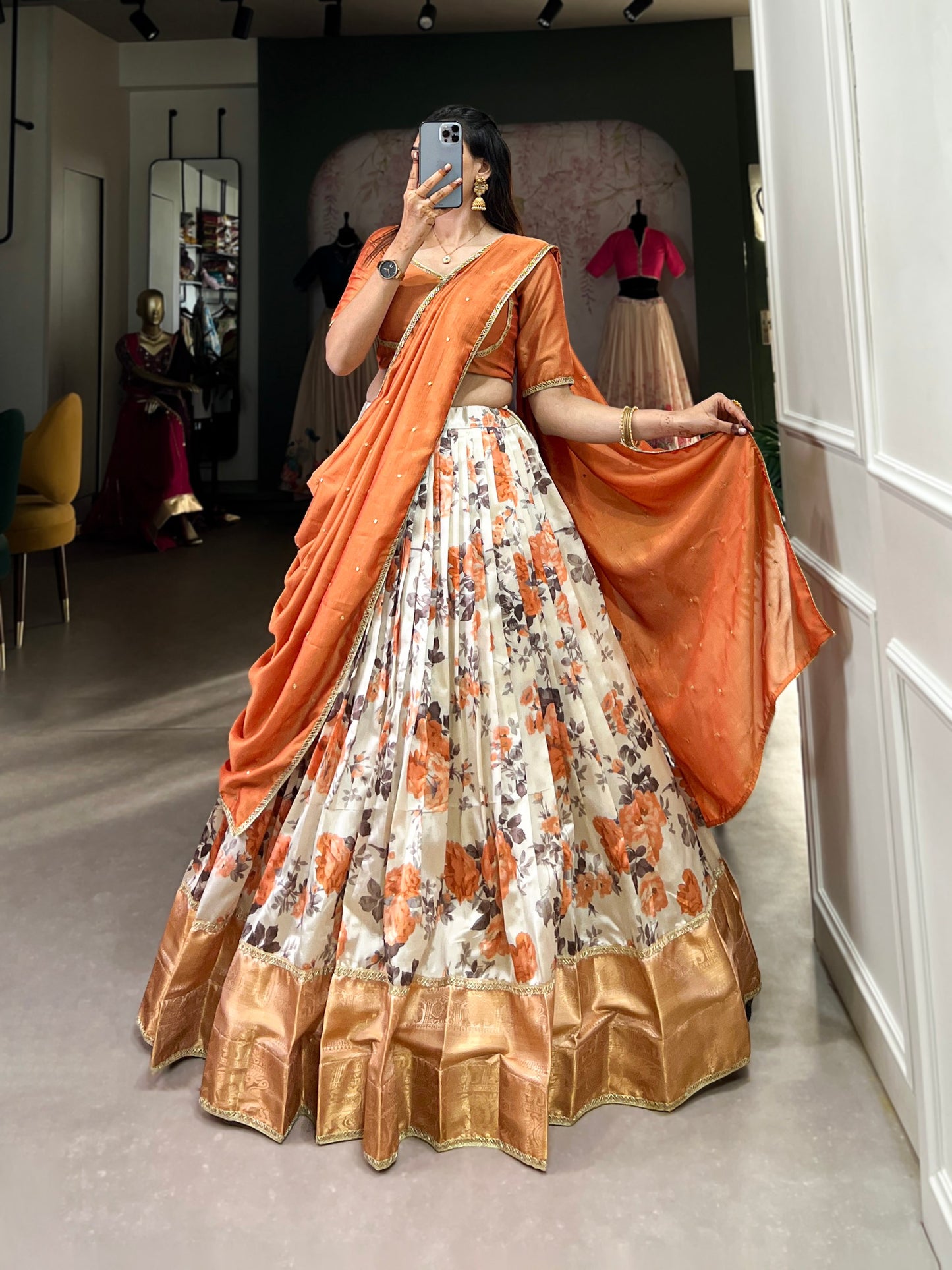 Peach Dola Silk Floral Print And Zari Weaving Work With Lace Touch Up Lehenga