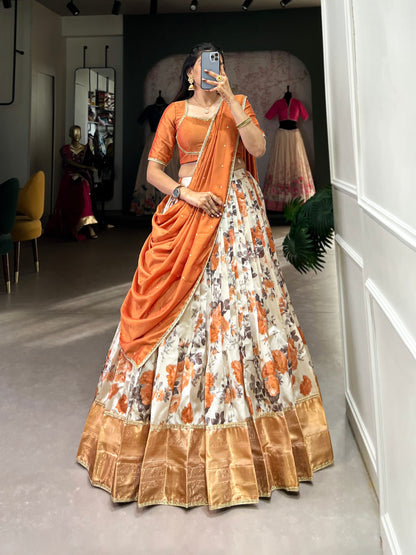 Peach Dola Silk Floral Print And Zari Weaving Work With Lace Touch Up Lehenga