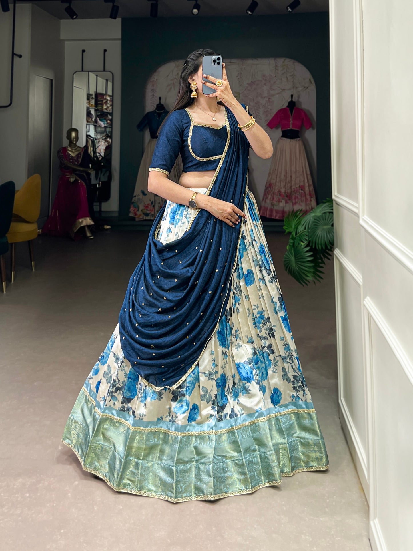 Navy Blue Dola Silk Floral Print And Zari Weaving Work With Lace Touch Up Lehenga