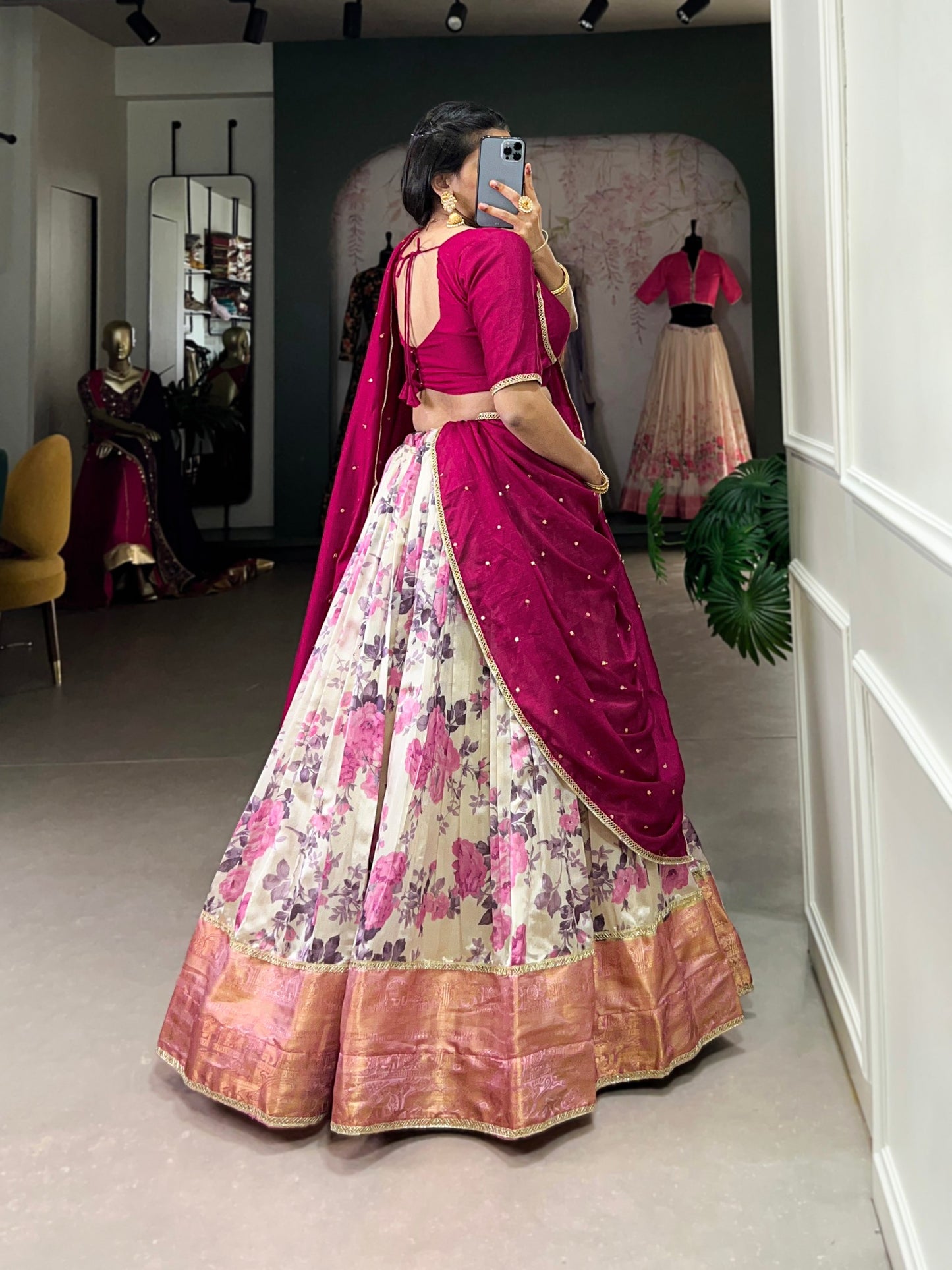 Pink Dola Silk Floral Print And Zari Weaving Work With Lace Touch Up Lehenga