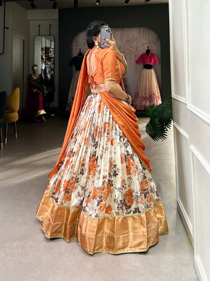 Peach Dola Silk Floral Print And Zari Weaving Work With Lace Touch Up Lehenga