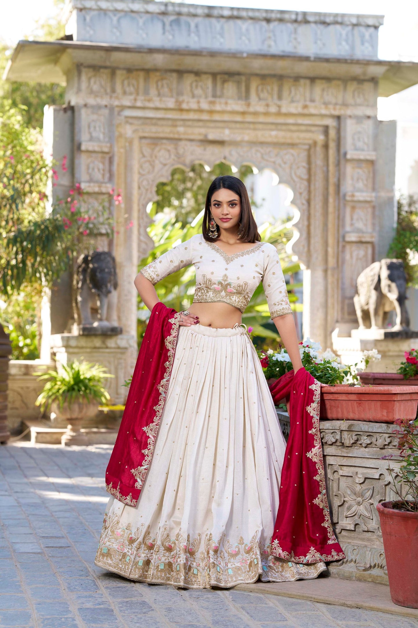 White Vichitra Silk Sequins And Thread Embroidery Work Lehenga